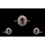 18ct Gold - Attractive Amethyst and Diamond Cluster Ring - Flower head Design.