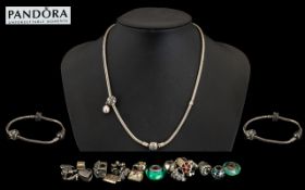 Pandora. Pandora Necklace and Bracelet with numerous charms, has recite and polishing cloth,