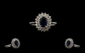 18ct White Gold - Attractive Sapphire and Diamond Set Dress Ring, Flower head Design.