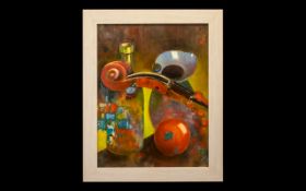 Oil Painting by Hadrian Richards 'Still Life With Violin' dated 2017. Framed in contemporary cream