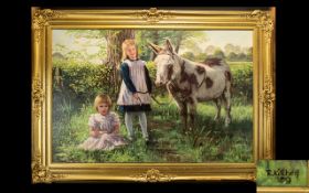 R. Kitchen Untitled Oil On Canvas Depicting two female children with donkey. Signed and dated 80