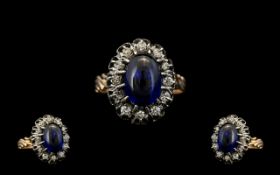 Russian - 1970s Fine Quality 14ct Gold Sapphire & Diamond Set Dress Ring. Flowerhead design.