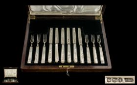 A Fine Quality Boxed Set of Six Silver and Pearl Handle Fruit Knives and Forks,