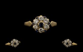 18ct Gold Attractive and Superb Diamond and Sapphire Cluster Ring - Flower Head Design. c.1930's.