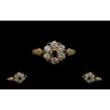 18ct Gold Attractive and Superb Diamond and Sapphire Cluster Ring - Flower Head Design. c.1930's.