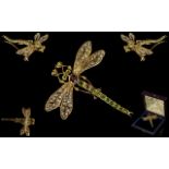 Antique Period Stunning 18ct Gold Dragonfly Brooch, Set with Diamonds to Wings,