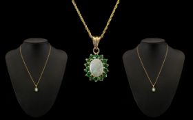 9ct Gold - Attractive Opal and Emerald Set Pendant with Attached 9ct Gold Chain.