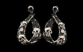 Skull and Black Spinel Snake Large Drop Earrings, skull shaped studs with post and push back