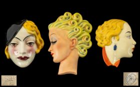 Art Deco Period 1930's Nice Quality Trio of Hand Painted Ceramic Wall Face Masks of Young Ladies