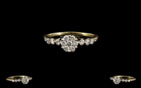 18ct Yellow Gold - Attractive Diamond Set Cluster Ring, Pleasing Flower head Setting,