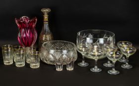 A Collection of Glassware to include six original babycham glasses, a ruby red flared rim flower