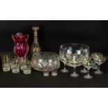 A Collection of Glassware to include six original babycham glasses, a ruby red flared rim flower