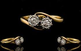 18ct Gold and Platinum Set 2 Stone Diamond Set Ring - Illusion Set. Marked 18ct and Platinum.