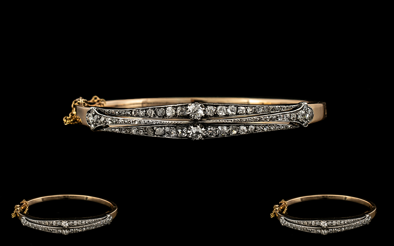 Antique Period 15ct Gold and Platinum Attractive and Exquisite Diamond Set Ladies Hinged Bangle