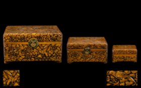 A Collection of Three Carved Graduating Hinged Boxes. Carved throughout and depicting birds and