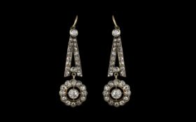 Art Nouveau Period 18ct Gold and Platinum Stunning Pair of Diamond Set Drop Earrings of Excellent