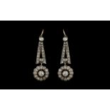 Art Nouveau Period 18ct Gold and Platinum Stunning Pair of Diamond Set Drop Earrings of Excellent