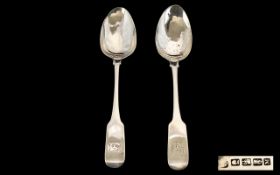 Irish - 18th Century Nice Pair of Sterling Silver Serving Spoons, Fiddle back Design.