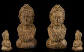 Pair Of Antique Cast Metal Busts. Depicting what looks to be Queen Victoria, each figure stand at