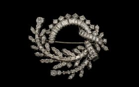 Art Deco Period Signed and Stunning 14ct White Gold Baguette and Brilliant Cut Diamond Set Brooch of