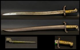 French M1842 Sword Bayonet, Steel crossguard, brass grip with coiled spring, Associated steel
