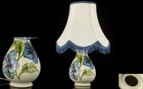 Moorcroft Nice Quality Tube lined Lamp Base and Shade - Pale Blue Hibiscus on Cream Ground. c.1980'