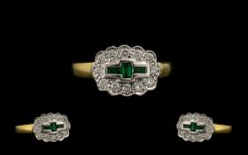 Ladies - Attractive Contemporary Designed 18ct Gold Emerald and Diamond Dress Ring - In As New