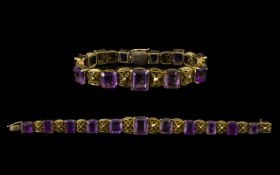 Victorian Period Superb Quality 9ct Gold - Amethyst Set Ornate / Fancy Bracelet,