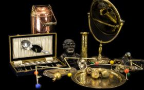 A Collection of Metal Ware including a fire extinguisher, table top mirror, flatware, brass inlaid