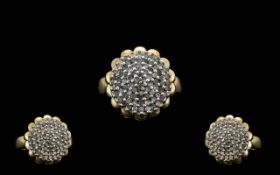 Ladies 9ct Gold Diamond Set - Flower head Design Dress Ring of Solid Construction.