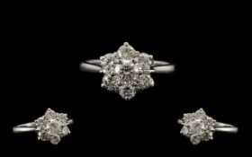 18ct White Gold Attractive - Diamond Set Cluster Ring - Flower head Design. Full Hallmark for 18ct.