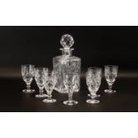 Drinkers Interest - Cut Glass Decanter & Glasses. Square decorative decanter with ornate stopper,