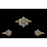 18ct Gold - Attractive Diamond Set Cluster Ring - Flower head Design. Full Hallmark for 18ct.