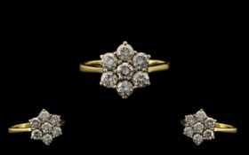 18ct Gold - Attractive Diamond Set Cluster Ring - Flower head Design. Full Hallmark for 18ct.