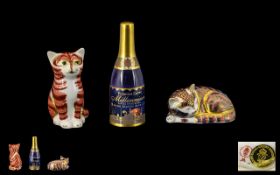 Royal Crown Derby Hand Painted Paperweights ( 2 ) Comprises 1/ Kitten - Ginger Tom. Gold Stopper,