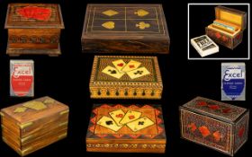A Good Collection of Early 20thC Playing Card Hinged Wooden Boxes with inlaid or applied with card