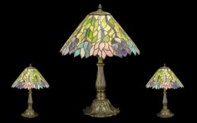 Large Tiffany Style Table Lamp on decorative floriate metal base, with floral relief to shade in