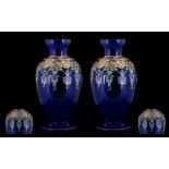 A Pair of Crystal Blue Bohemian Style Glass Vases in enamelled floral decoration throughout. Small