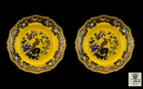 Masons Ironstone Fine Pair of Hand Painted Cabinet Plates, The Central Panel with Images of Exotic
