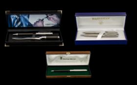 Three Boxed Pen Sets including a Harvey Makin set with pen and matching letter opener in black and