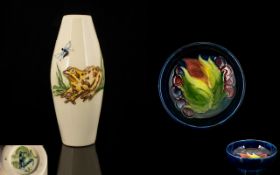 Moorcroft Modern Tube lined Small ' Frogs ' Vase. Frog Chasing a Fly on Cream Ground - Date 2009.