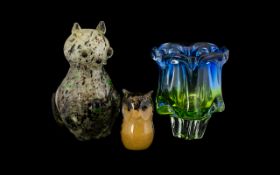 Murano Glass Vase. With Large Glass cat and signed Langham glass Owl, cat 9 inches high, 3 items