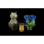 Murano Glass Vase. With Large Glass cat and signed Langham glass Owl, cat 9 inches high, 3 items