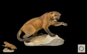 Beswick Large Wild Animal Figure - Connoisseur Series ' Puma on Rock ' - Style One, Tawny Colour.