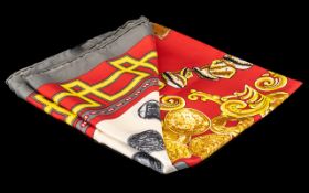 British Museum Silk Coin Scarf. High quality, hand rolled edges, measures 93 x 95 cms. Cream, red