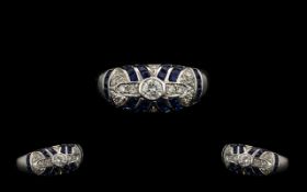 Art Deco Period Style - Attractive Diamond and Sapphire Set Dress Ring of Pleasing Design.