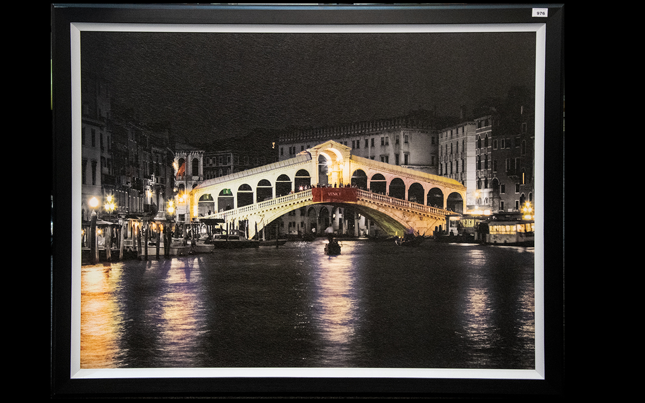 A Large Modern Framed Decorative Print on textured board. Titled to verso 'Rialto Bridge' by Anon.