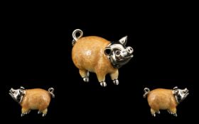 A Small Silver and Enamel Pig Figure - Well Made with Full Hallmark for 925 Silver. In As New