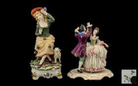 Dresden Lace Figure Group and Capo-di-Monte Seated Girl, the Dresden couple dancing, in 18thC dress,