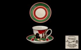 Clarice Cliff Limited Edition 'Red Autumn' Cafe Noir Coffee Cup & Saucer by Wedgwood. Certificate